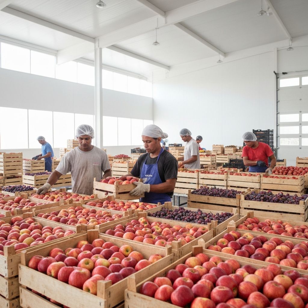 Trabalhadores selecionando frutas